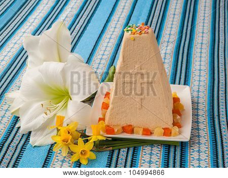 Traditional Curd Easter Cake On Embroidered Tablecloth
