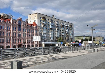 Residential Buildings In Ukraine Near River Port In Kiev. Podol District.