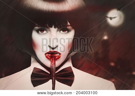 Sexy hungry dominant vampire bite bloody whip at night