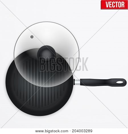 Classic Metal black grill pan with opened glass lid and handle. Top view and round shape. Kitchen and domestic symbol. Vector Illustration isolated on background.