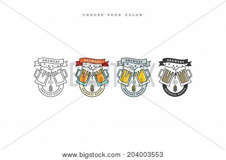 Linear brewery logos. Labels with glass of beer and hops. Vintage craft beer retro design elements, emblems, symbols, and icons or pub labels, badges collection.