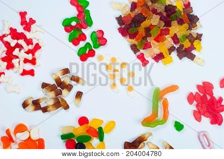 Tasty Different Jelly Candy On White Background
