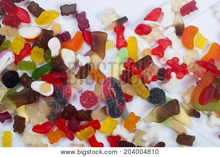 Tasty Different Jelly Candy On White Background