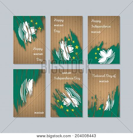 Macao Patriotic Cards For National Day. Expressive Brush Stroke In National Flag Colors On Kraft Pap