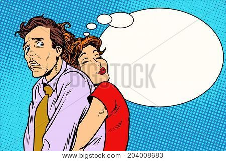 Couple loving wife and confused husband. Romantic relationship men and women. Pop art retro vector illustration