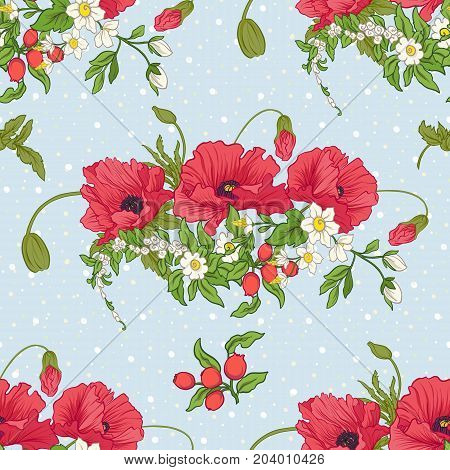 Seamless pattern with poppy flowers, daffodils, anemones, violets in botanical vintage style. On blue background with white polka dots. Stock line vector illustration.