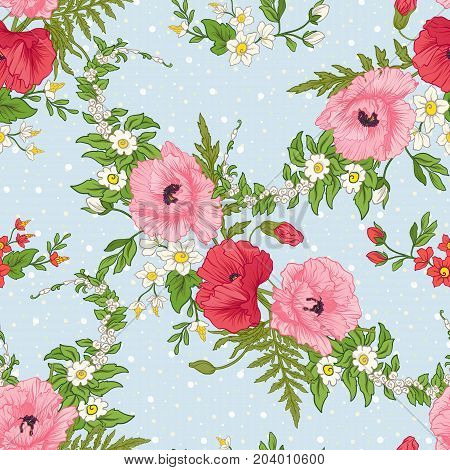 Seamless pattern with poppy flowers, daffodils, anemones, violets in botanical vintage style. On blue background with white polka dots. Stock line vector illustration.