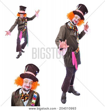 Collage Of Few Pictures. Mad Hatter's Different Facial Emotions. Close-up Portrait Of Smiling And Fo