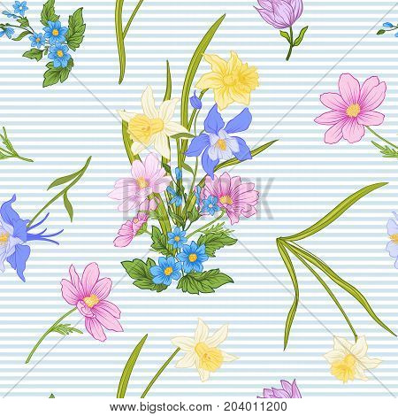 Seamless pattern with poppy flowers, daffodils, anemones, violets in botanical vintage style. On blue and white stripes background . Stock line vector illustration.