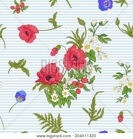 Seamless pattern with poppy flowers, daffodils, anemones, violets in botanical vintage style. On blue and white stripes background . Stock line vector illustration.
