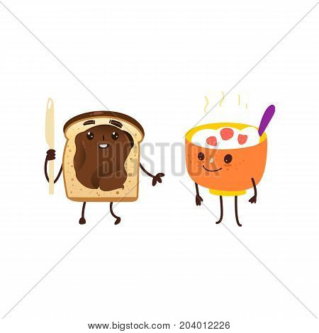 Funny breakfast characters - bowl of oatmeal and toast with chocolate spread, cartoon vector illustration isolated on white background. Funny bowl of oats, rice and toast with chocolate characters