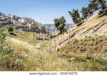 View of the Kidron Valley and the Village of Siloam near the walls of the Old City of Jerusalem, Israel