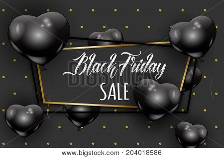 Black Friday shopping celebration, VIP sale concept. Beautiful black balloons randomly flying over gold frame. Vector geometric modern frame, confetti, heart shape ballons.