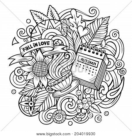 Cartoon vector doodles Autumn illustration. Line art detailed, with lots of objects background. All items are separate. Contour fall funny picture