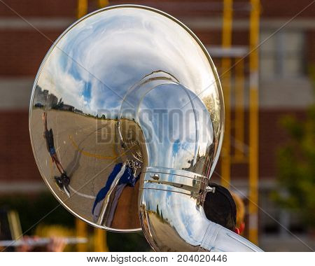 an evening rehearsal souzaphone reflections at sun set
