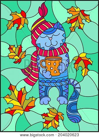 Illustration in stained glass style with a funny cat in the hat the scarf and a mug of tea on the background of bright autumn leaves