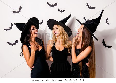 Group Of Three Diverse Charming, Happy Coquettes In Dark Masquerade Elegant Dresses, Talking, Smilin