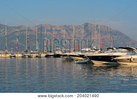 MONTENEGRO, BUDVA - AUGUST 8, 2017: A view of the yachts and boats in Budva on the Adriatic coast Budva Riviera resort