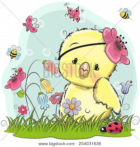 Cute Cartoon Chicken on a meadow with flowers and butterflies