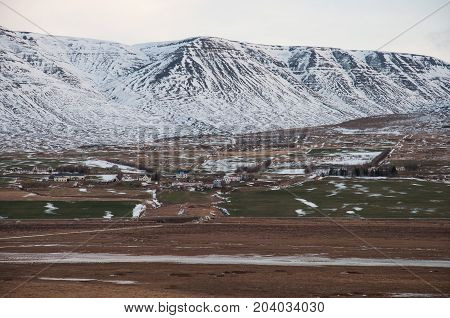 Farms in Eyjafjordur valley Iceland during winter