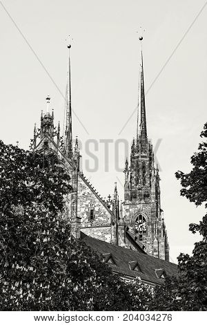 Famous Cathedral of St. Peter and Paul in Brno Moravia Czech republic. Religious architecture. Two big towers. Black and white.
