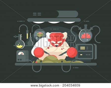 Evil professor doing experiment in bio laboratory. Vector flat illustration