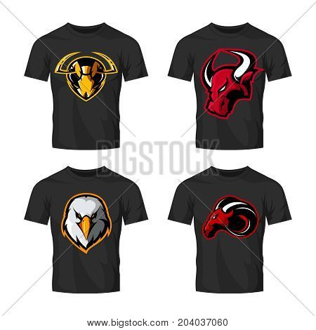 Furious hornet, bull, eagle and ram sport vector logo concept set isolated on white background. 
Street wear mascot team badge design. Premium quality wild animal emblem t-shirt tee print illustration.