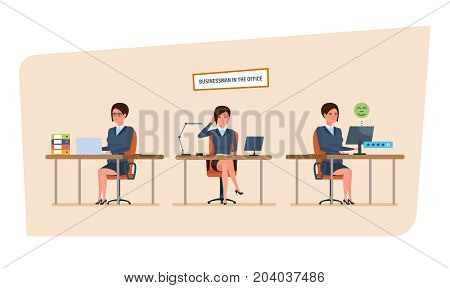 Businesswoman in office work situations concept. Work with documents, archives, projects. Womens character working in office at the work desk. Front and side views. Cartoon vector illustration