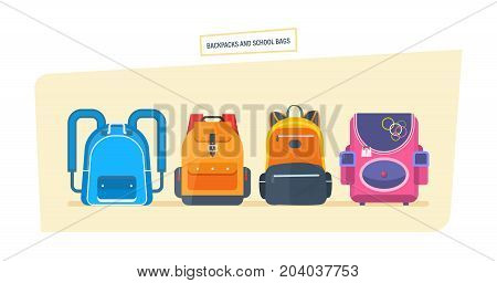 Backpacks and school bags concept. Education and study, school bag luggage, backpacks with school supplies. Student satchels collection. Vector illustration isolated.