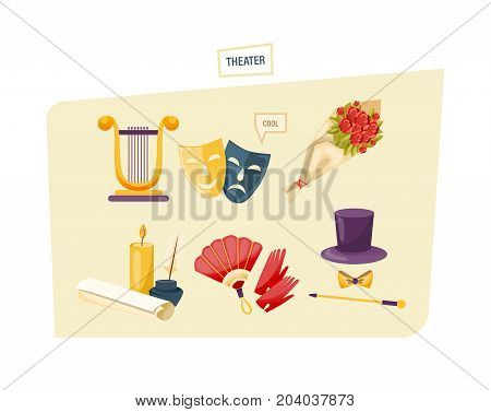 Concept of theater. Set of theatrical performance icons. Equipment, belongings, masks, theater building, clothing attributes. Modern vector illustration isolated.