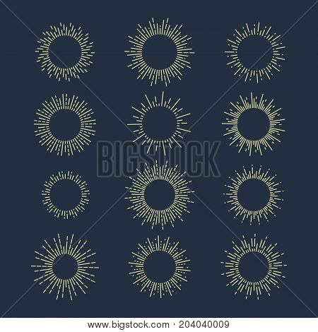 Sun beams or sunbeams in circle or round shape. Geometric hand drawn star shining with rays as dotted lines. Sunrise or sunset, summer radial sunburst symbol, sparkle and flash, linear theme