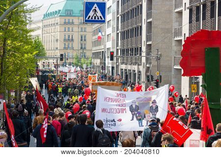 BERLIN - MAY 01 2015: Members of trade unions workers and employees at the demonstration on the occasion of Labour day.