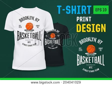 Streetball sign on u-neck t-shirt. Men or male clothing with badge of New york sport team. Shirt with print for urban sport. Fashion and branding, advertising, varsity and clothing, ads theme
