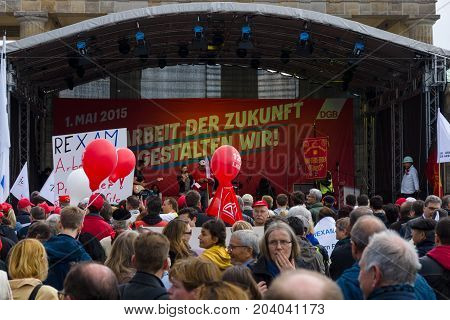 BERLIN - MAY 01 2015: Members of trade unions workers and employees at the demonstration on the occasion of Labour day.