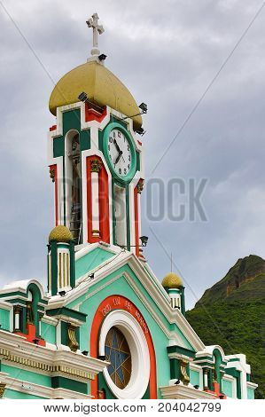 March 15, 2017 Vilcabamba Ecuador: colourful colonial style church architecture in the popular expat destination town