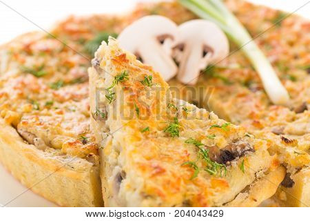 Cake delicious onion mushrooms white background view