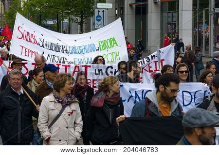 BERLIN - MAY 01 2015: Members of trade unions workers and employees at the demonstration on the occasion of Labour day.