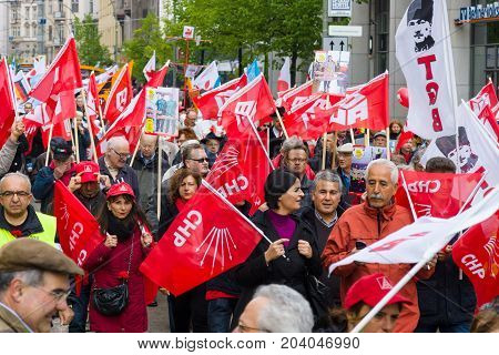 BERLIN - MAY 01 2015: Members of trade unions workers and employees at the demonstration on the occasion of Labour day.