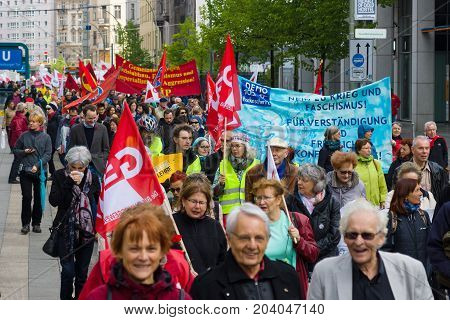BERLIN - MAY 01 2015: Members of trade unions workers and employees at the demonstration on the occasion of Labour day.