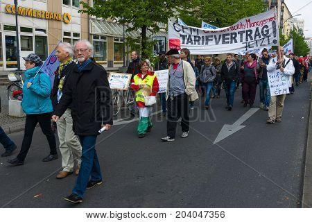 BERLIN - MAY 01 2015: Members of trade unions workers and employees at the demonstration on the occasion of Labour day.