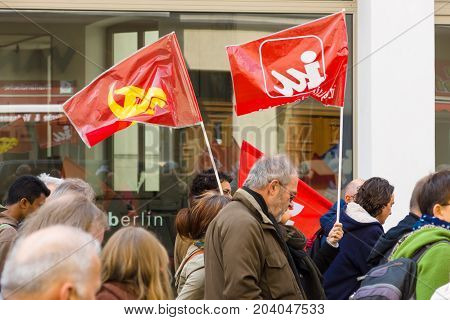 BERLIN - MAY 01 2015: Members of trade unions workers and employees at the demonstration on the occasion of Labour day.
