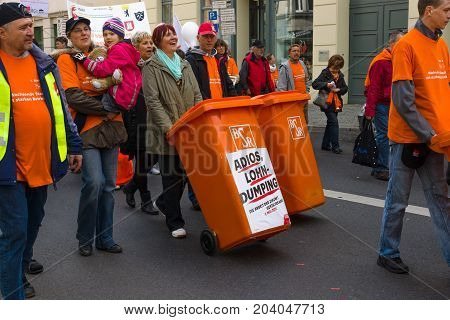 BERLIN - MAY 01 2015: International Labour Day. Workers Berliner Service Recycle (BSR) at the demonstration.