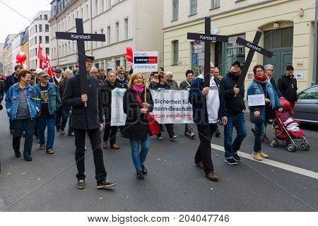 BERLIN - MAY 01 2015: International Labour Day. Former employees of bankrupt companies Karstadt at the demonstration.