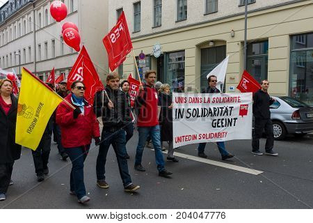 BERLIN - MAY 01 2015: Members of trade unions workers and employees at the demonstration on the occasion of Labour day.