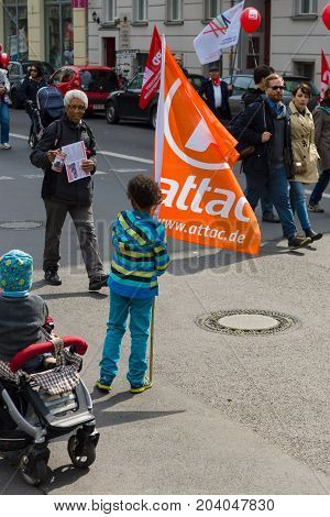 BERLIN - MAY 01 2015: Members of trade unions workers and employees at the demonstration on the occasion of Labour day.
