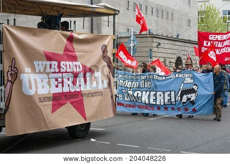 BERLIN - MAY 01 2015: Members of trade unions workers and employees at the demonstration on the occasion of Labour day.