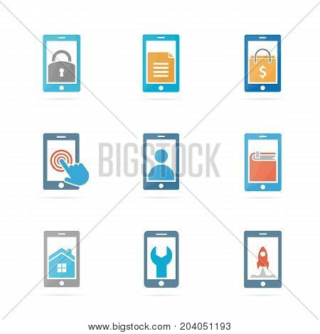 Set of phone logo combination. Mobile and gadget symbol or icon. Unique telephone and cellphone logotype design template.