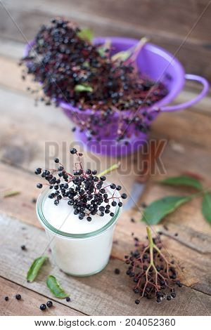 Fresh elder berries and sugar. Ingredient for elder berry juice.