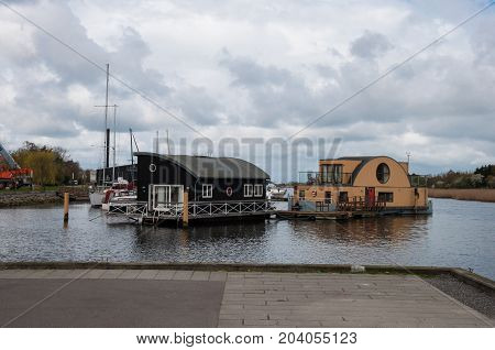 Sakskoebing Denmark -  April 14 2017: Houseboats In The Harbor