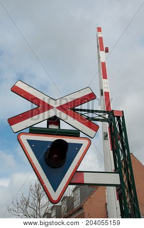 Danish Railroad Crossing Sign In Town Of Sakskoebing